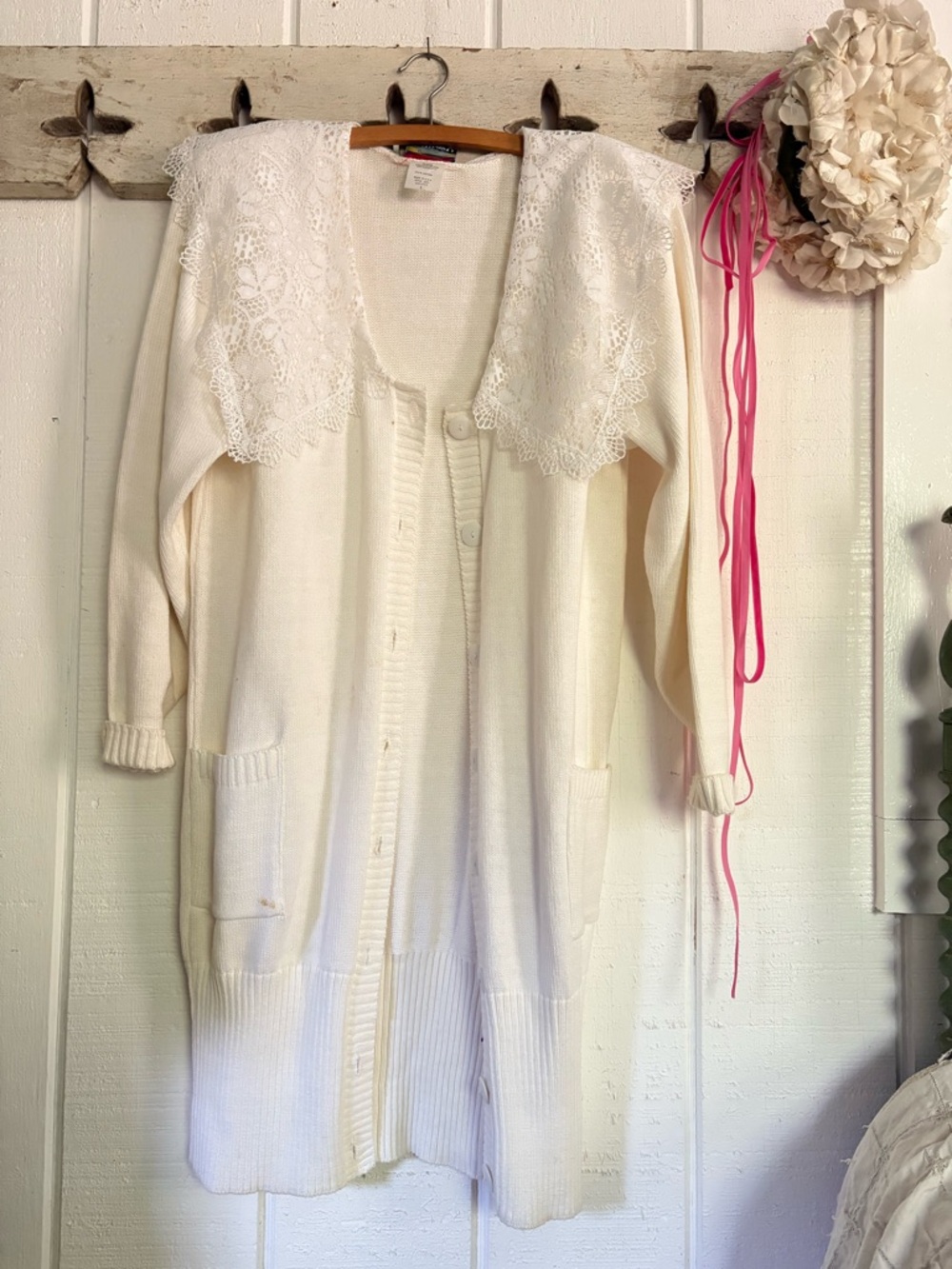 White Lace-Collar Longline Cardigan Sweater